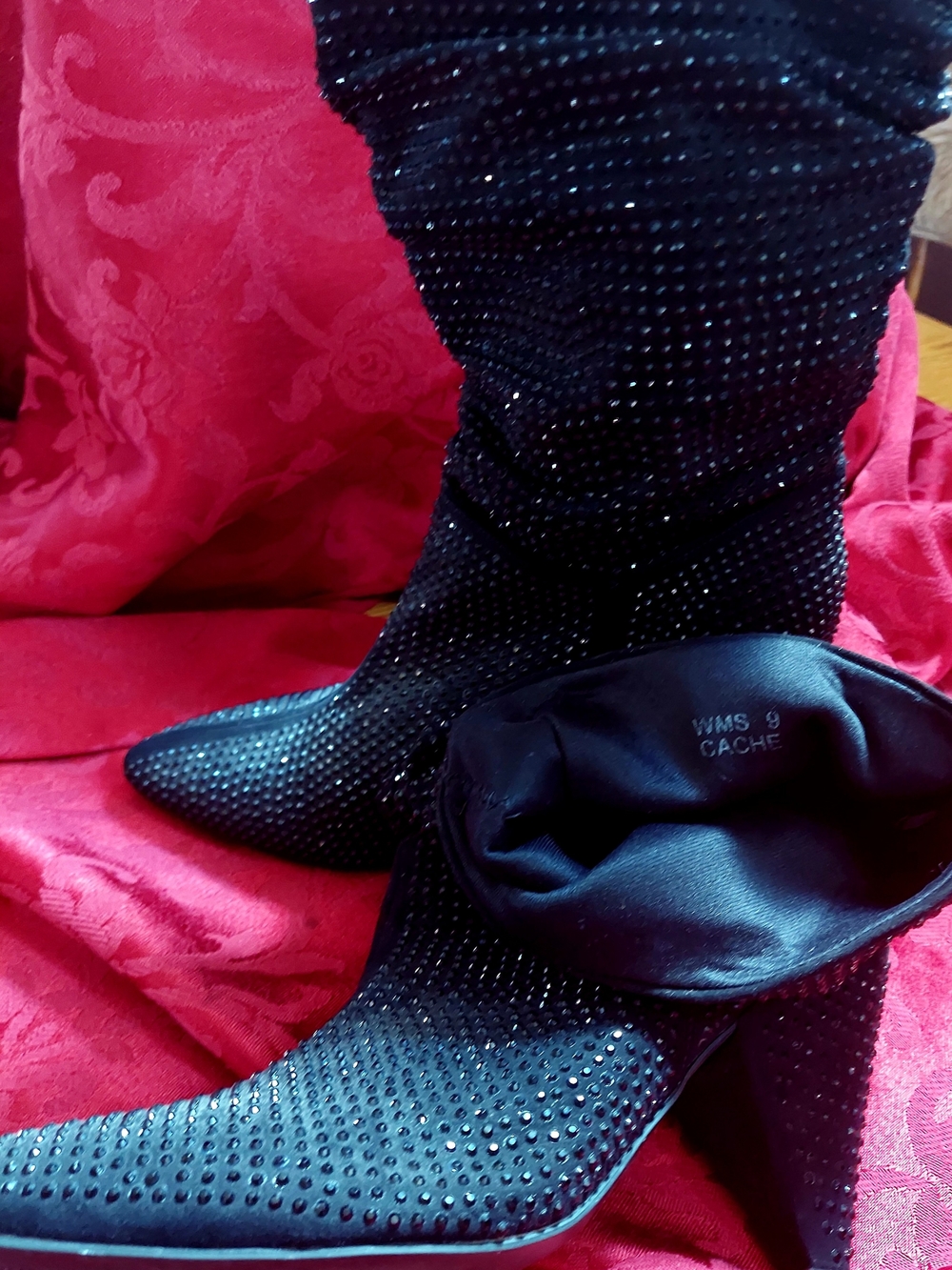 Cache Black Crystal-Embellished Pointed-Toe Slouch Boots - Picture 3 of 3